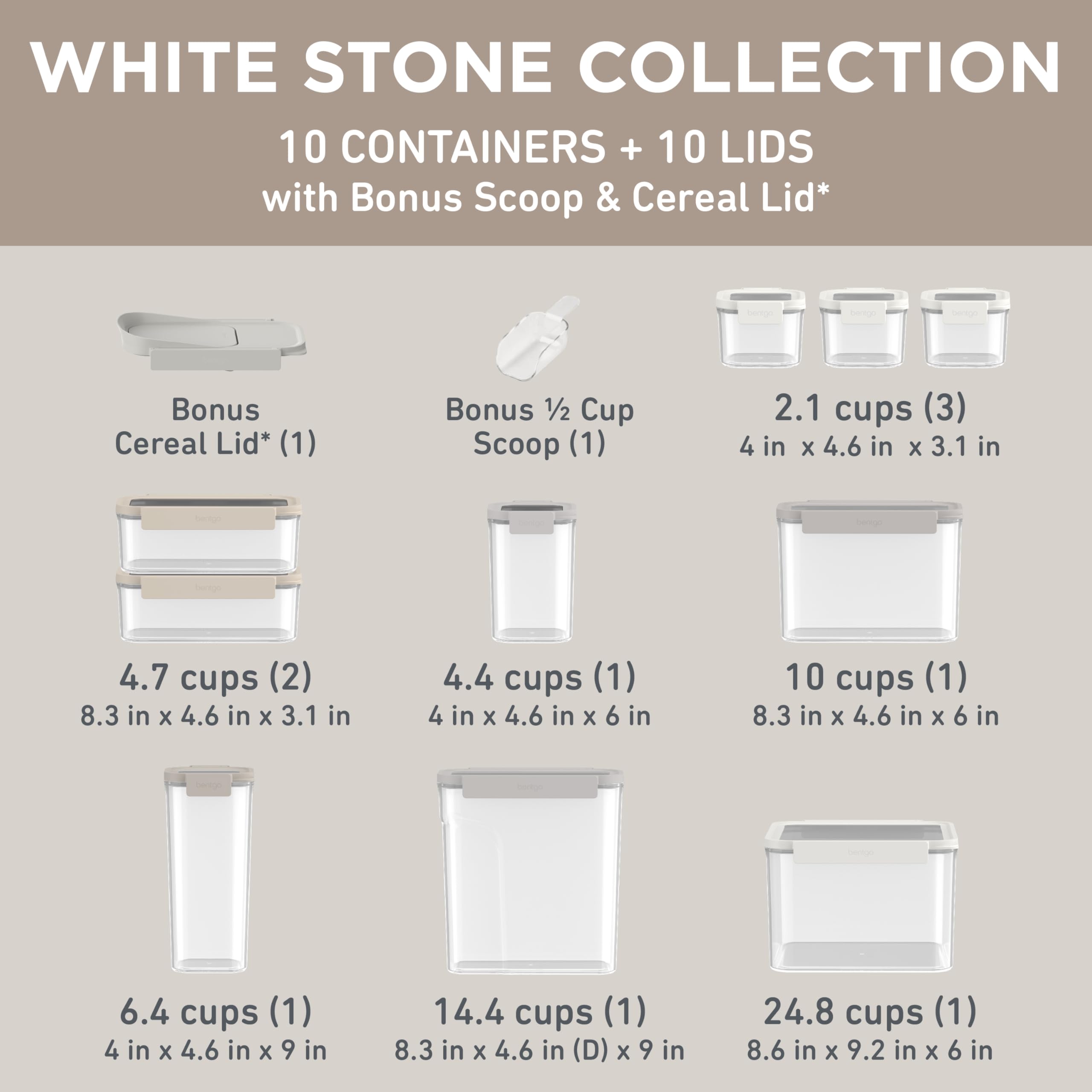 Bentgo Pantry - 22-Piece Airtight Food Storage Containers, Clear and Stackable Kitchen and Pantry Organization Set, Locking Lids for Freshness, Bonus Cereal Lid & Scoop, BPA-Free Plastic (White Stone)