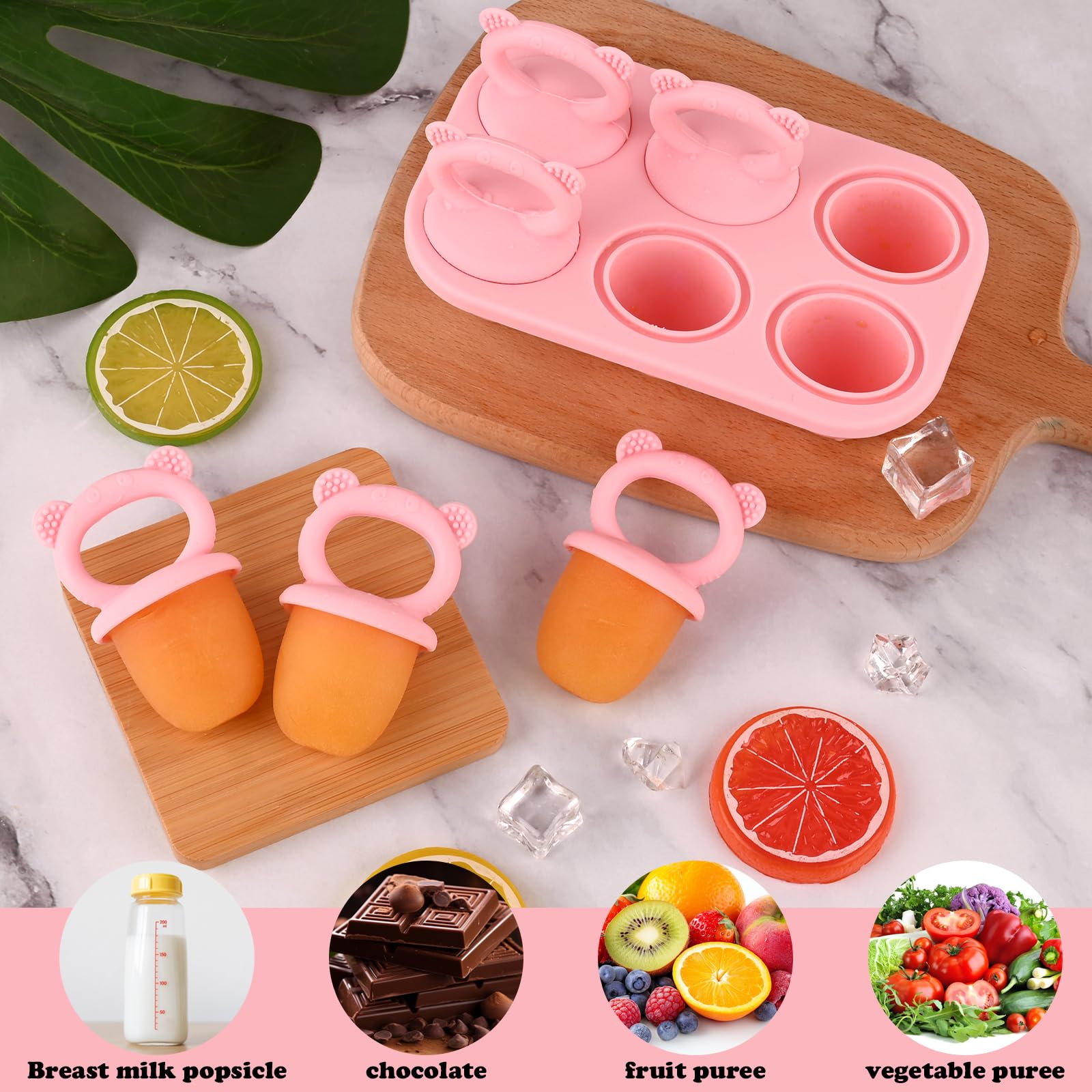 HUAKENER Mini Popsicle Molds, Silicone Popsicle Mold for Toddlers, 6-Cavity Ice Pop Molds with Handle for Making Healthy Baby Food, Breastmilk Popsicle (Pink)