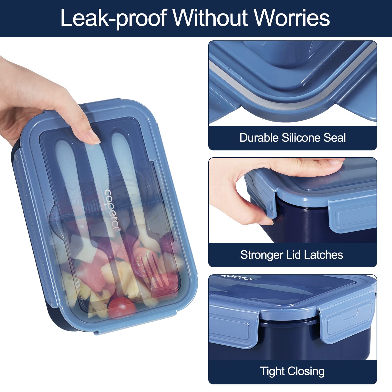 Caperci Classic Bento Box Adult Lunch Box for Older Kids - Leakpoof 47 oz 3-Compartment Containers for Adults and Teens, Built-in Utensil Set, Ideal for On-the-Go Balanced Eating, Navy Blue