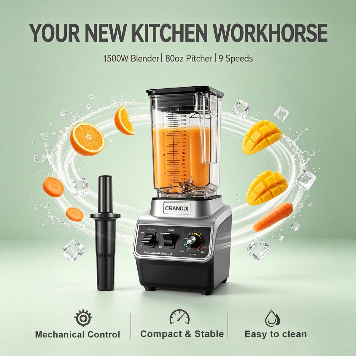 CRANDDI Professional Smoothie Blender, 80oz Countertop Blenders for Smoothies, Shakes & Ice Crushing, 1500W Compact Commercial Kitchen Blender with Stainless Steel Blade, 120V, K96