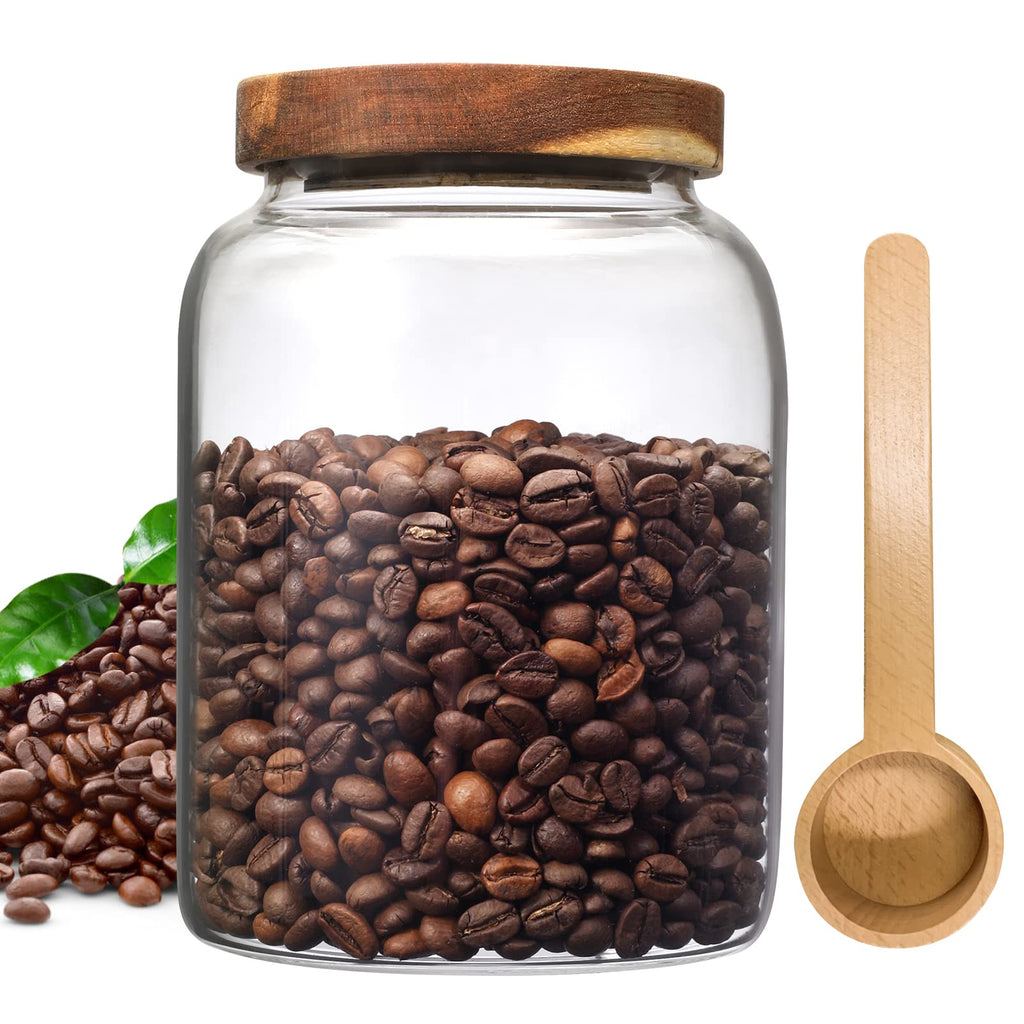 OULOVECO Glass Coffee Storage Jar with Lids Scoop Round Glass Coffee Ground Containers Borosilicate Glass Food Canister for Cereals Oats Beans Nut Sugar Candy Spice Rice Tea