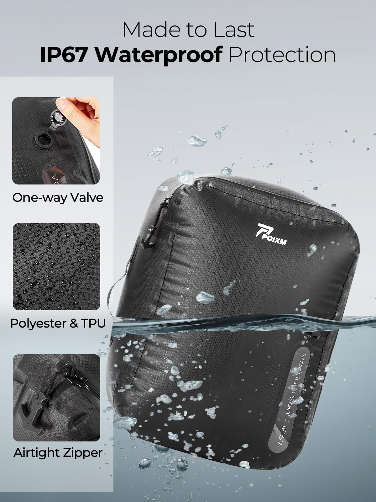 POIXM Vacuum Bags for Travel with Wireless Pump, 180° Open Zipper, IP67 Waterproof, Reusable Space Saver Compression Bags for Backpack, Suitcase, Home Storage(3 Pack + Pump)