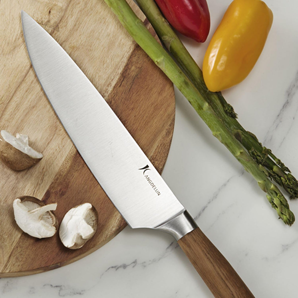 kangdelun 4-Piece Kitchen Knife Set, 50Cr15MoV High-Carbon Stainless Steel, 56-58 HRC Ultra Sharp, Dark Ash Wood Handle, 8" Chef, 8" Bread, 7" Santoku & 5" Utility, Magnetic Gift Box