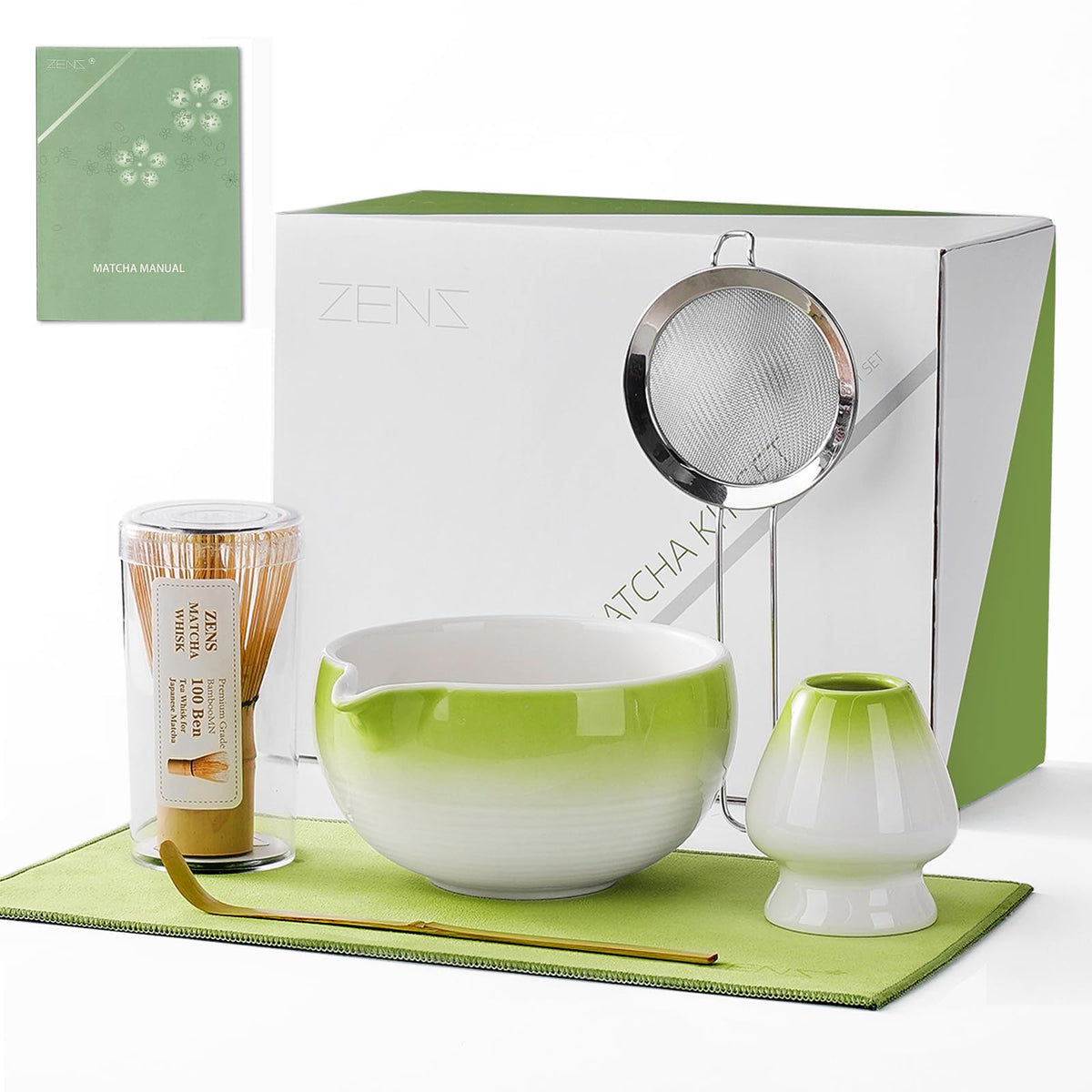 ZENS Premium Matcha Whisk Set, 6pcs Matcha Kit for Matcha Latte, Green