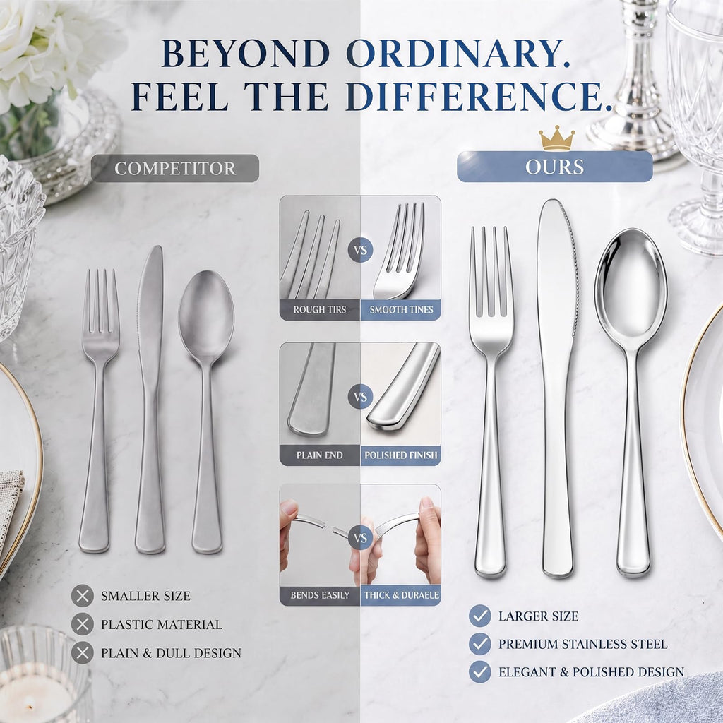 WDF 180 Pieces Silver Plastic Silverware - Silver Plastic Cutlery - Fancy Plastic Silverware Heavy Duty - 60 Forks 60 Knives 60 Spoons - Disposable Plastic Utensils Perfect for Party Wedding