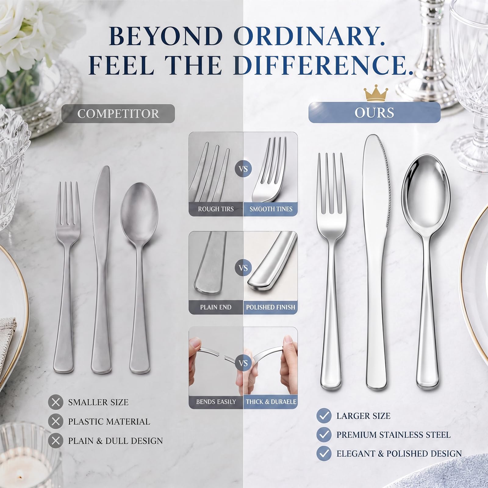 WDF 180 Pieces Silver Plastic Silverware - Silver Plastic Cutlery - Fancy Plastic Silverware Heavy Duty - 60 Forks 60 Knives 60 Spoons - Disposable Plastic Utensils Perfect for Party Wedding