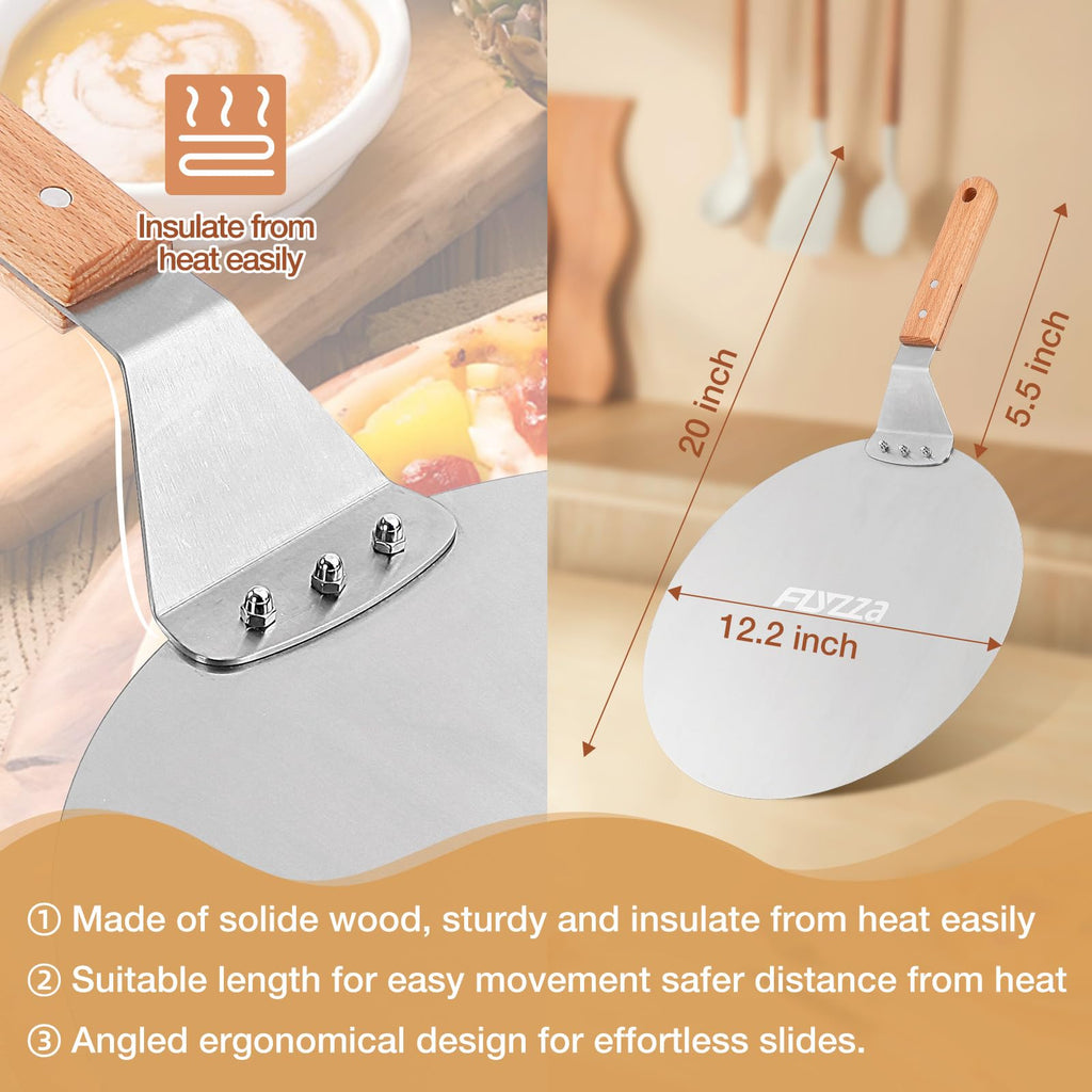 FLYZZA 12 Inch Stainless Pizza Peel, Pizza Spatula with Ergonomic Long Wood Handle for Pizza Oven Baking, Turing Peel for Pizza, Dough, Bread Pastry