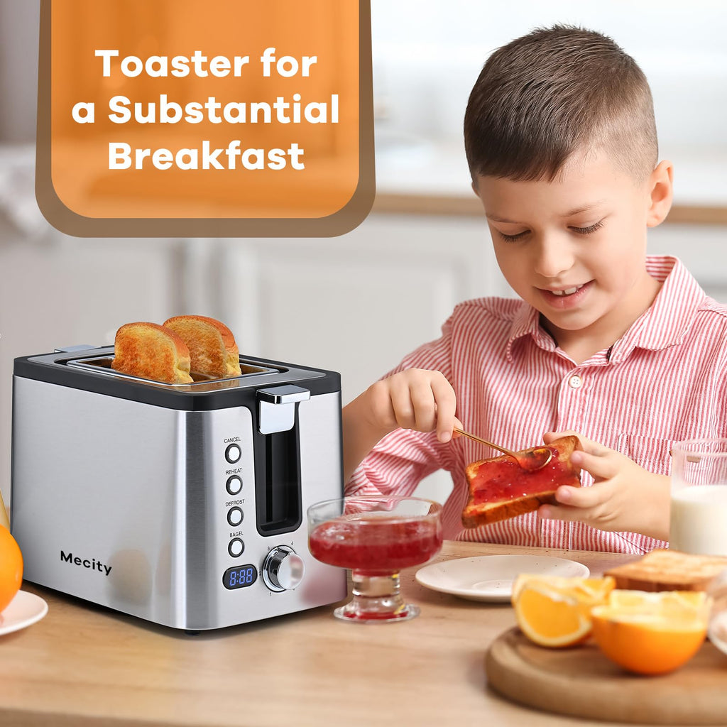 Mecity Toaster 2 Slice Stainless Steel Body, Timer, Bagel, Defrost, Reheat, Cancel Functions, Warming Rack, Removable Tray, 6 Browning Settings, Extra Wide Slots, Bread Toaster 800W