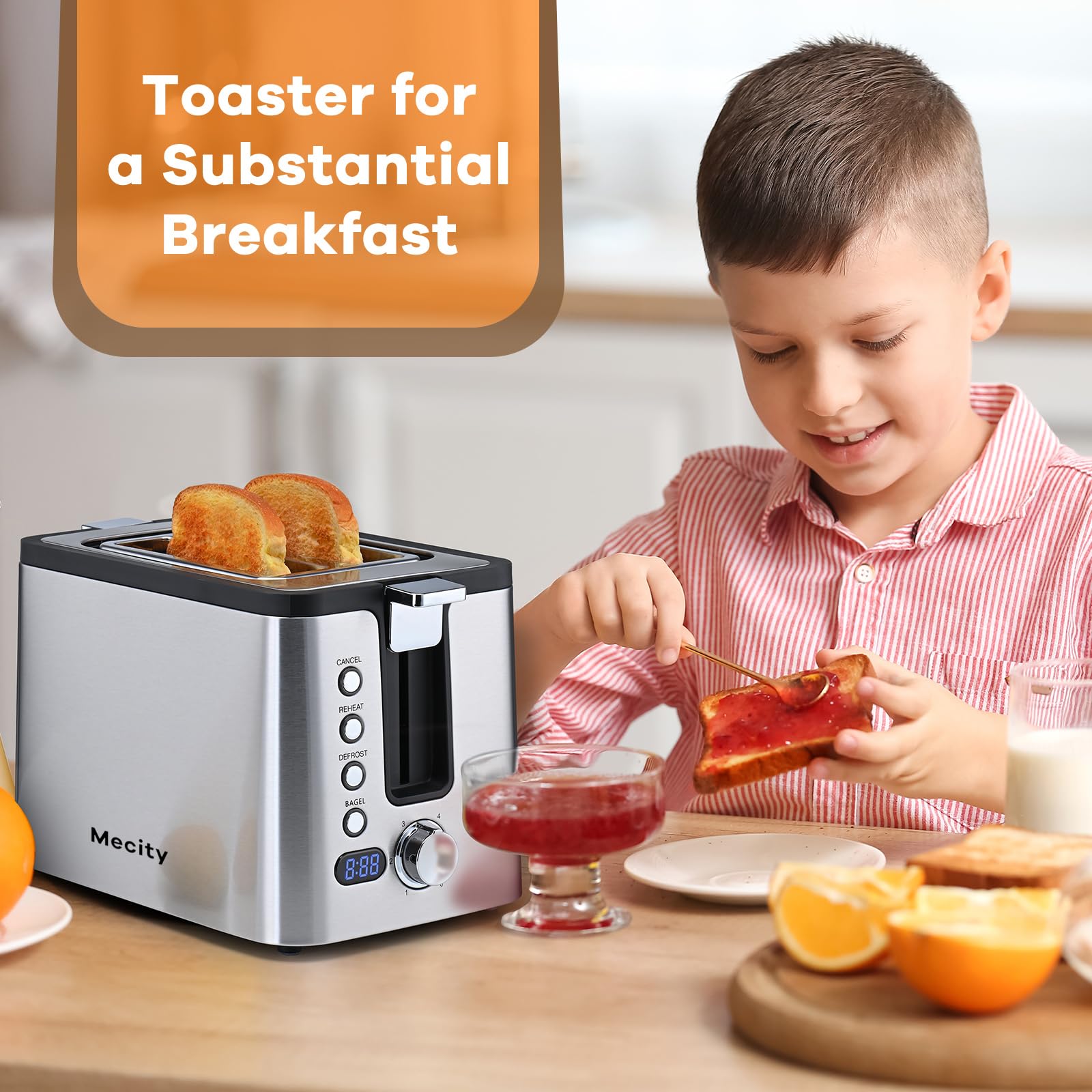 Mecity Toaster 2 Slice Stainless Steel Body, Timer, Bagel, Defrost, Reheat, Cancel Functions, Warming Rack, Removable Tray, 6 Browning Settings, Extra Wide Slots, Bread Toaster 800W