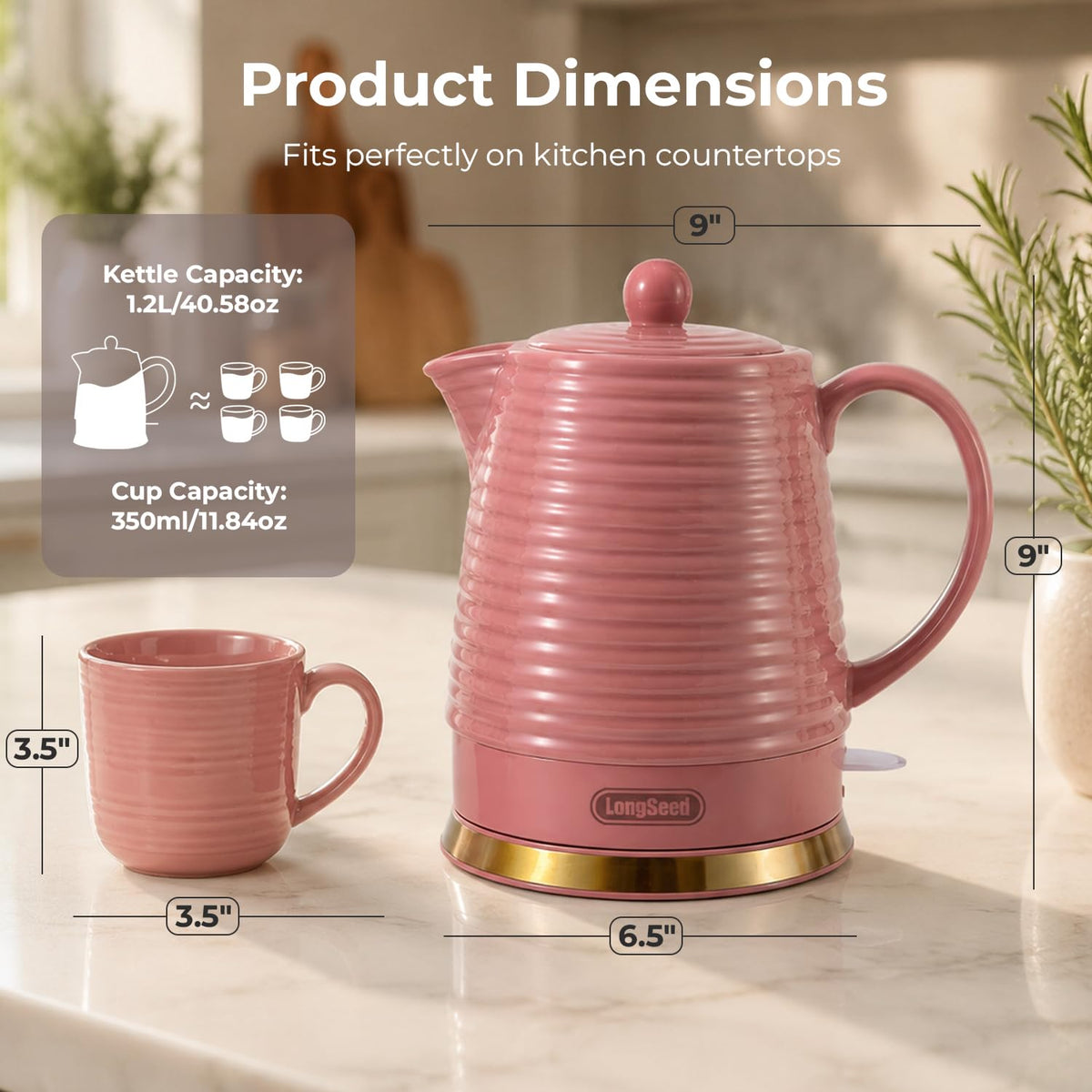 LONGSEED 1.2 Liters Ceramic Electric Kettle with Infuser & Mug Set, 1000W Fast Boil Water for Tea and Coffee, Teapot with Boil-Dry Protection and Auto Shut-Off, Detachable Swivel Base