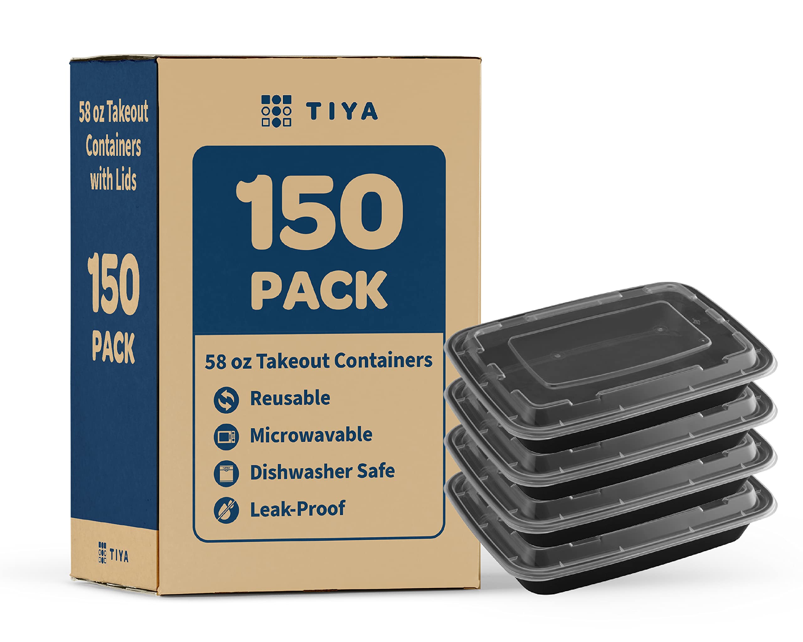 TIYA Food Containers - 58 oz Bulk 150 Pack with Lids - Rectangular Plastic To-Go Containers - Reusable, Microwavable, Dishwasher Safe - Leak-Proof for Meal Prep - BPA-Free