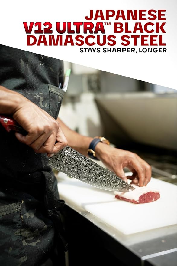 Dalstrong Chef Knife - 9.5” Scorpion Series - Exclusive Japanese V12 Ultra Steel - Black Damascus Chef Knife - Black & Red Honeycomb Resin Handle -Scorpion Kitchen Knives w/Chef Knife Sheath