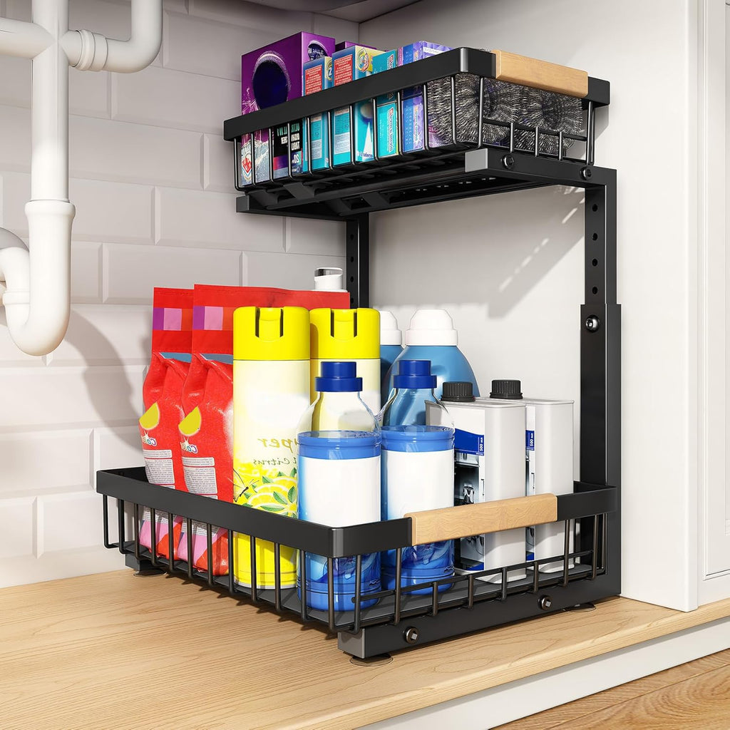 PXRACK Under Sink Organizer, Adjustable Height, 2 Tier Pull Out Under Cabinet Organizer, Slide Out Thickened Metal Under Sink Storage for Kitchen Bathroom Laundry Pantry Cabinet, Black, Large-1-Pack