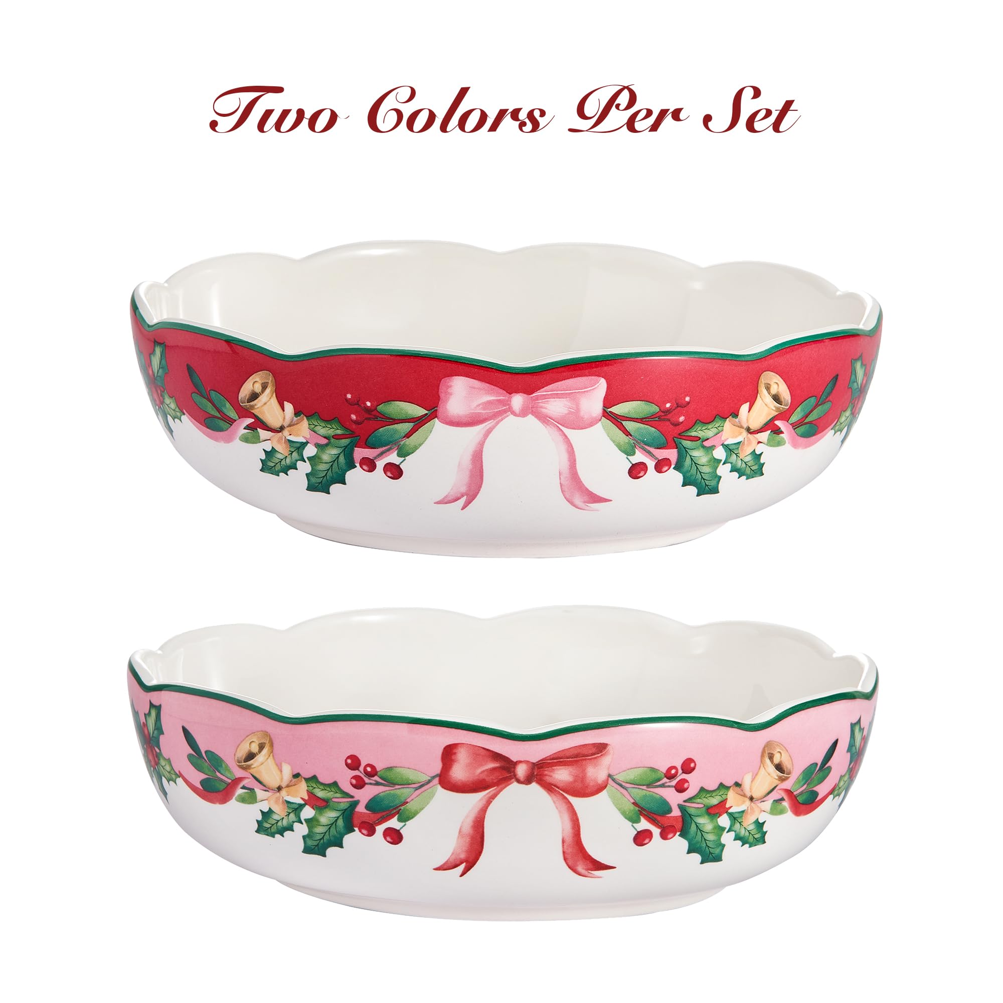 Bico Ribbon Christmas Scalloped Pasta Bowls, 36oz Salad Bowl Set of 4, Large Ceramic Serving Dinner Bowls for Soup and Cereal, Microwave and Dishwasher Safe, Gift for Housewarming and Holiday