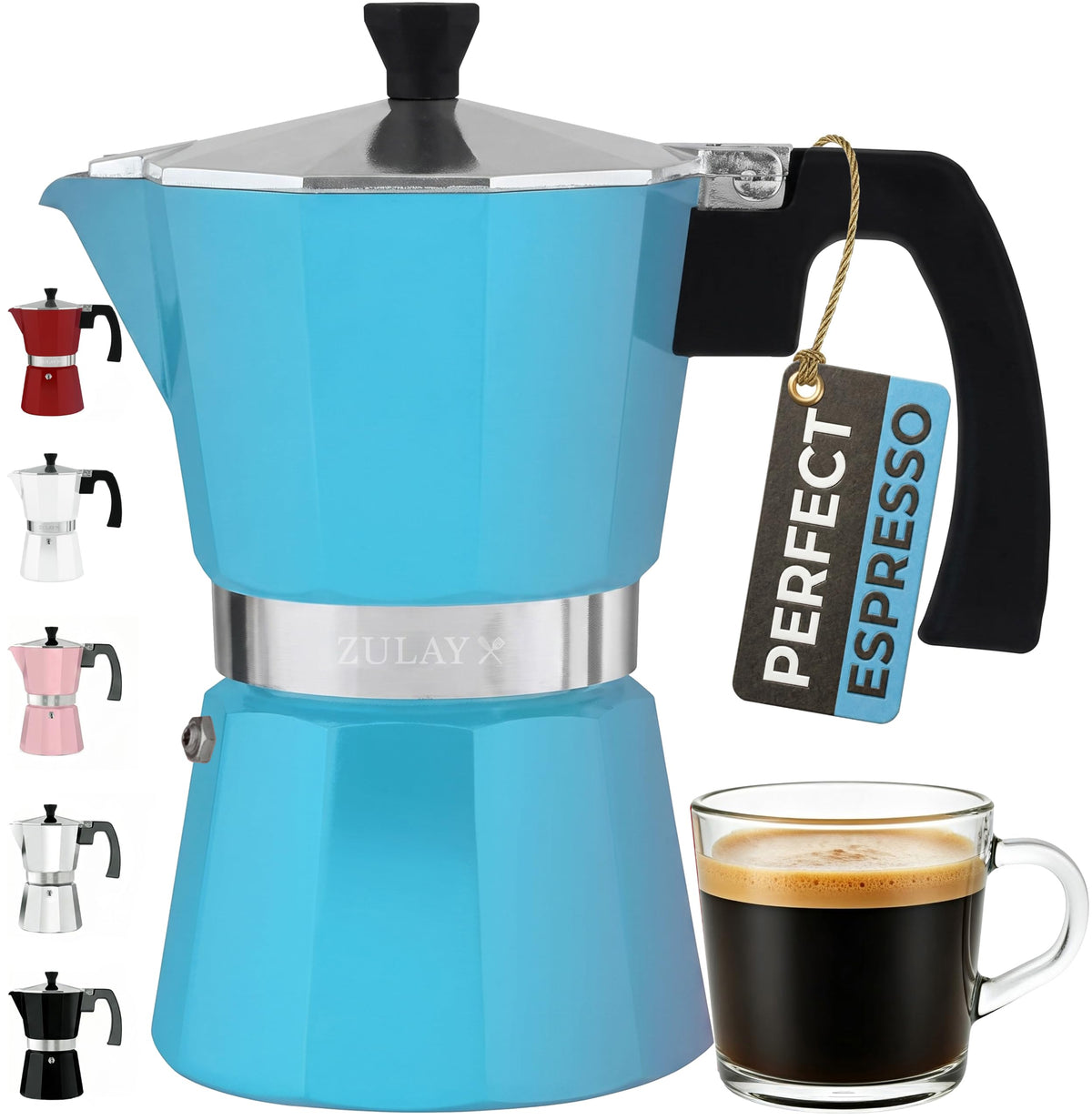 Zulay Moka Pot Espresso Stovetop Coffee Maker - Leak-Proof, Stainless Steel, Easy to Clean, Heat Resistant Handle & Knob - for Authentic Cuban & Italian Style Espresso - Makes 12 Espresso Cups - White