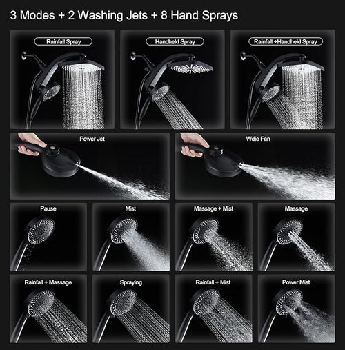 12" High Pressue Rain Shower Head with Handheld, 9 Sprays Hand Showerhead