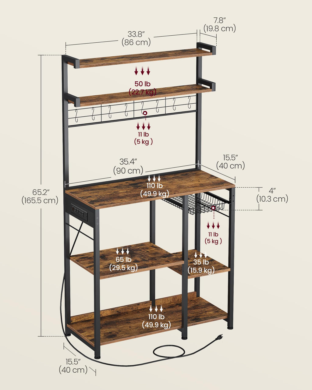 VASAGLE Bakers Rack with Power Outlet, 35.4 Inches Microwave Stand, Coffee Bar, 4 AC Outlets, with Adjustable Shelves, 8 S-Hooks, Basket, Spice Racks, Rustic Brown and Ink Black UKKS031K01