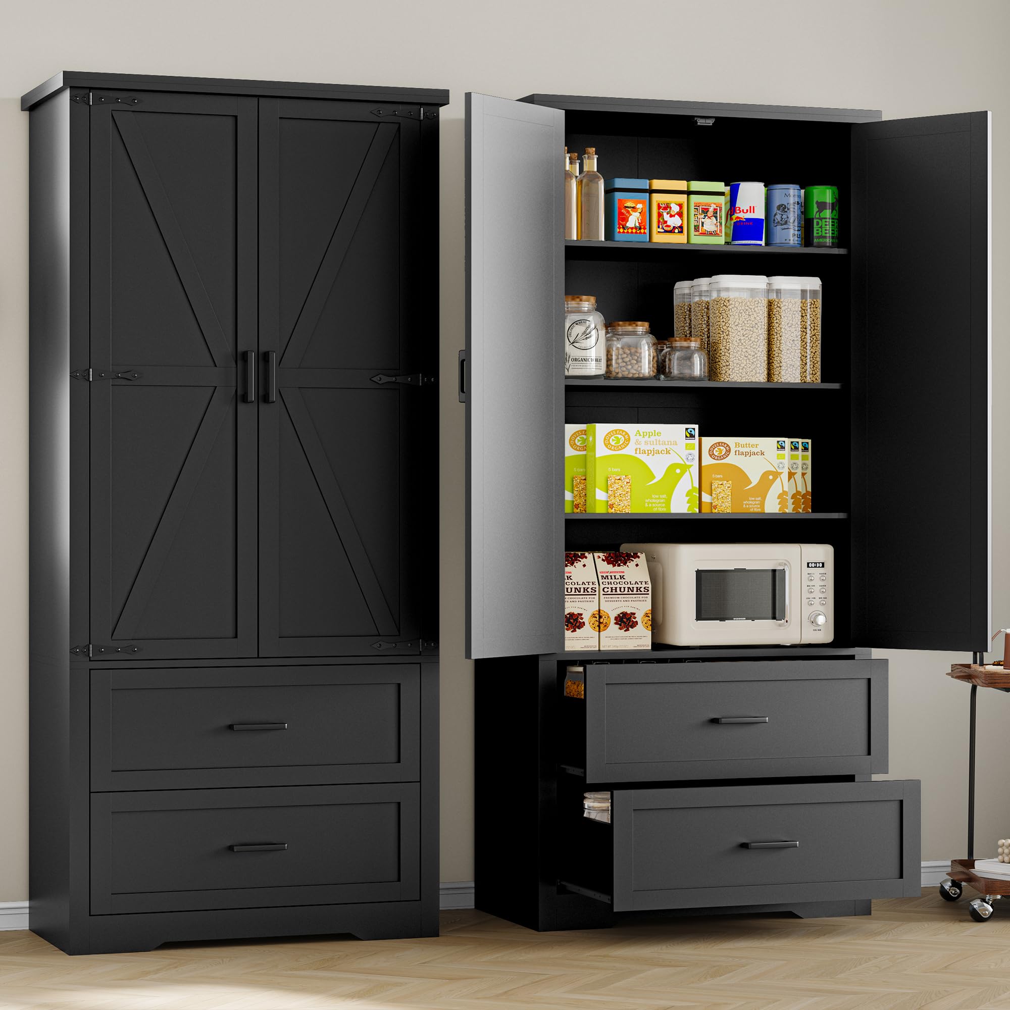 BORNOON Pantry Organizers and Storage Cabinet, 71” Barn Door White Kitchen Cabinet with Drawers and Adjustable Shelf, Tall Pantry for Kitchen, Dining Room, Living Room. Bathroom and Office