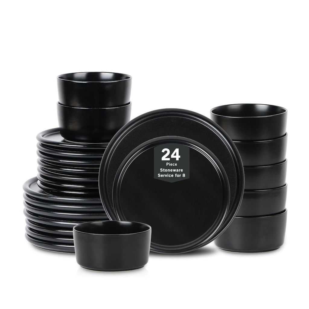 Stone Lain Eden 24-Piece Dinnerware Set Stoneware, Plates and Bowls Set, Dishwasher and Microwave Safe Dish, Dish Set for 8, Black