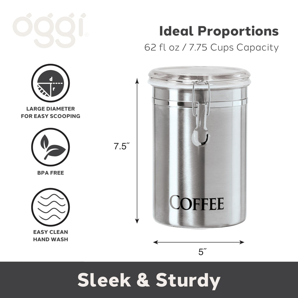 Oggi Stainless Steel Coffee Canister 62 fl oz - Airtight Clamp Lid, Clear See-Thru Top - Ideal for Coffee Bean Storage, Ground Coffee Storage, Kitchen Storage, Pantry Storage. Large Size 5" x 7.5".