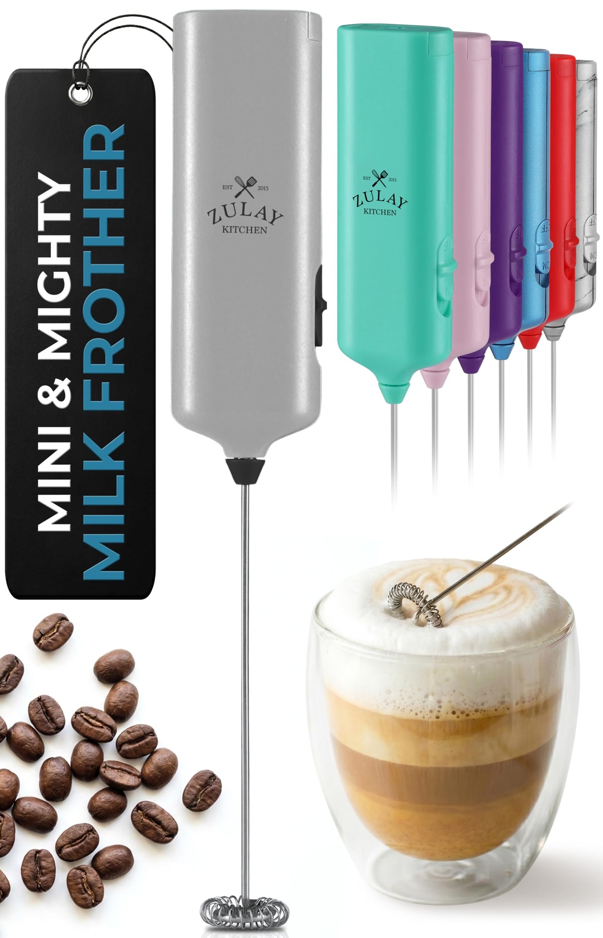 Zulay Powerful Milk Frother for Coffee with Upgraded Titanium Motor - Handheld Electric Whisk, Milk Foamer, Mini Mixer & Coffee Blender for Frappe, Latte, Matcha, No Stand - Pristine Teal