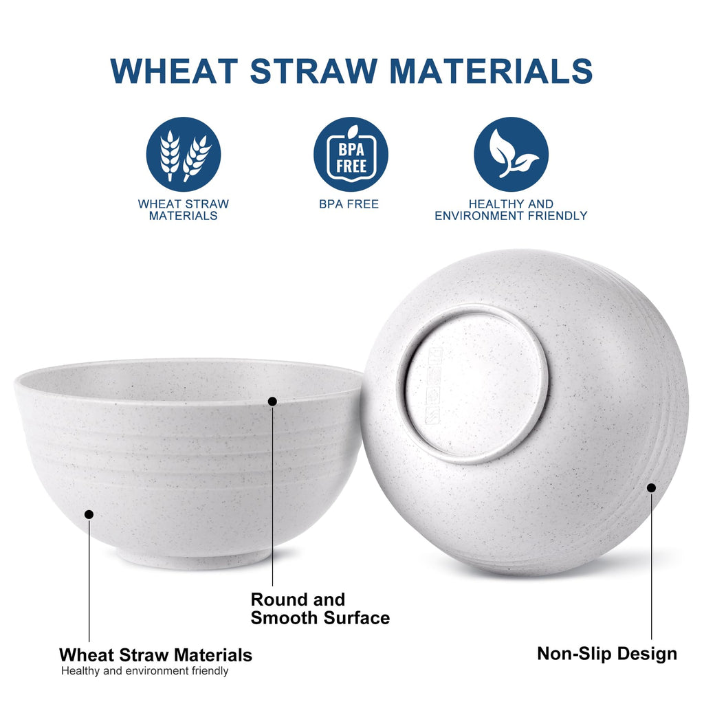 HOTEC Unbreakable Wheat Straw Cereal Bowls - Microwave & Dishwasher Safe Soup and Salad Bowls BPA Free, Set of 8, 26oz, Off-White