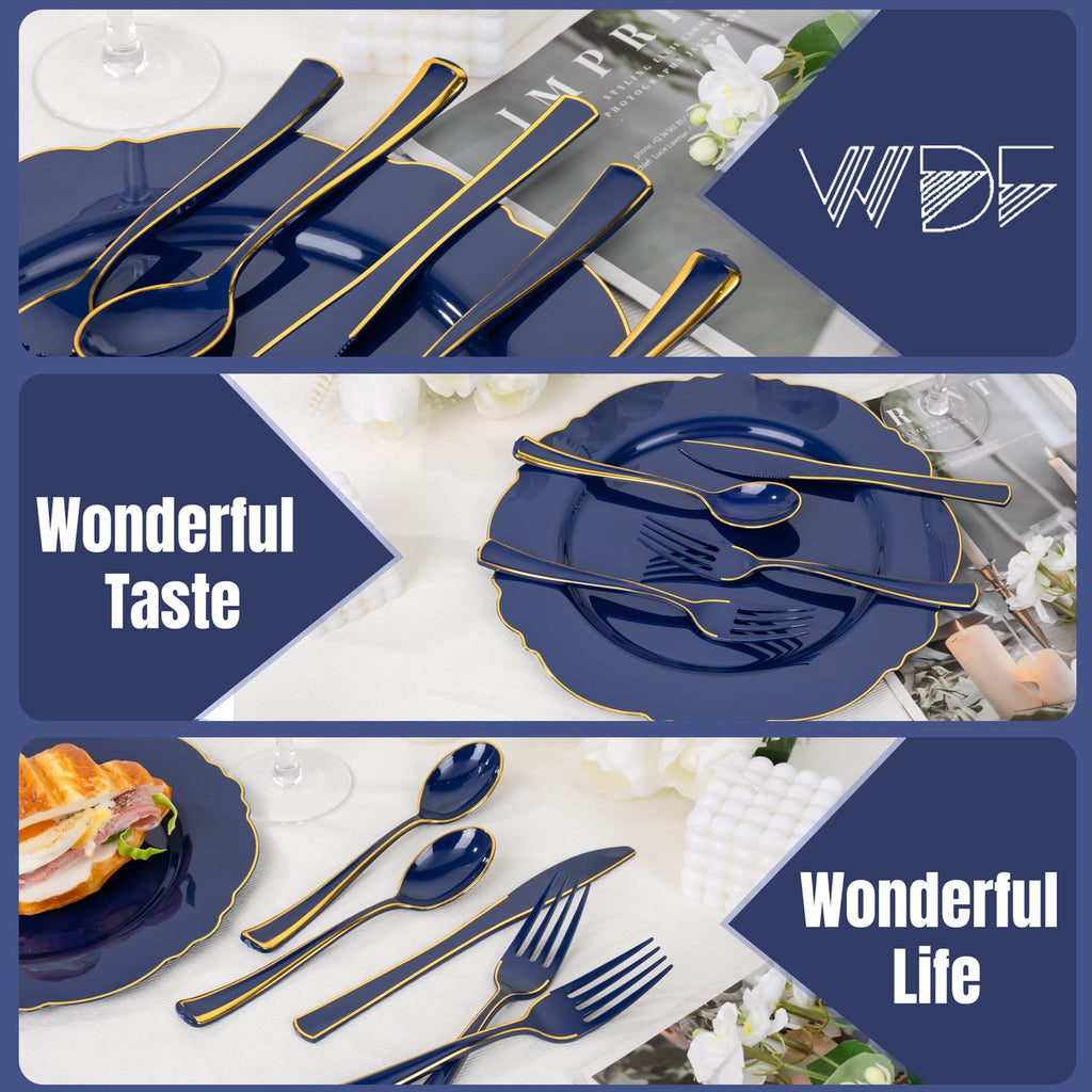 WDF 180PCS Blue Plastic Silverware -Blue and Gold Plastic Cutlery 60 Forks, 60 Knives, 60 Spoons - Heavy Duty Disposable Silverware for Party/Wedding/Birthday