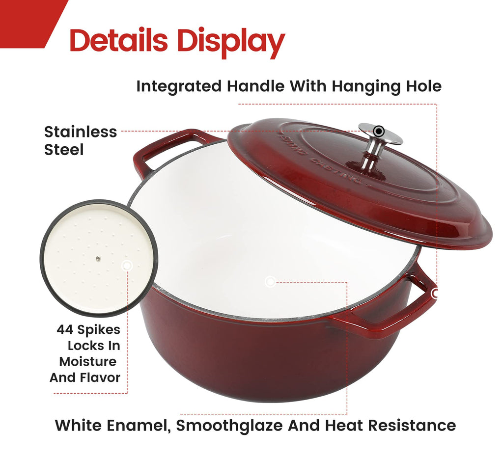 EDGING CASTING Enameled Cast Iron Dutch Oven Pot With Lid, Dutch Oven for Sourdough Bread Baking Round Pot Dule Handle, 6 Quart, Wine Red
