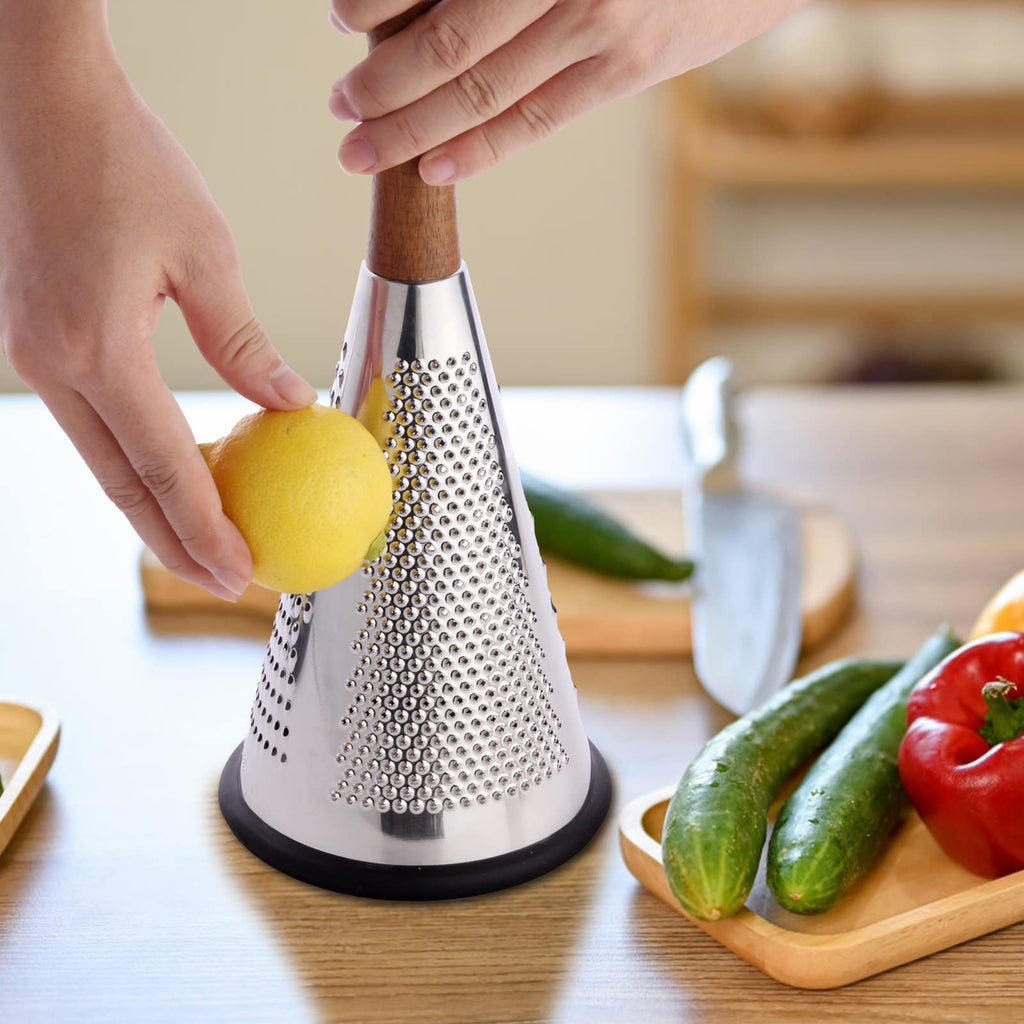 Cone Cheese Grater with Handle Stainless Steel Triple Function Wood Handle Parmesan Shaver Non-Slip Rubber Bottom Hand Held Multifunction Vegetables Cheese Grater with container (L: 10.6" X 4.7")