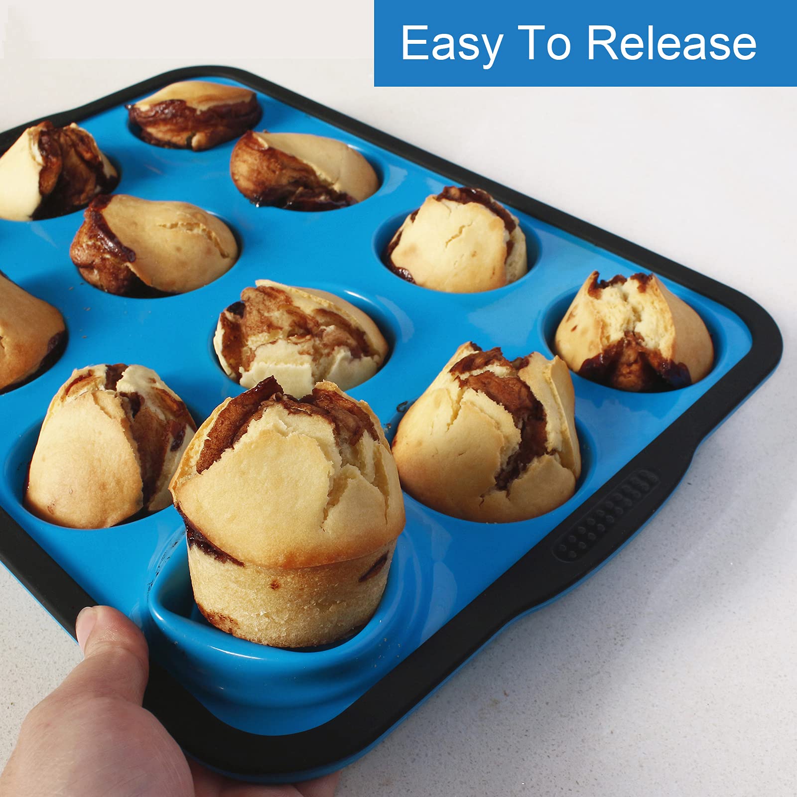Aichoof Non-Stick Silicone Muffin Pan With Reinforced Stainless Steel Frame Inside,12 Cup Regular Muffin Baking Mold, 12 Cup Muffin Tin, BPA Free,Dishwasher Safe, Blue