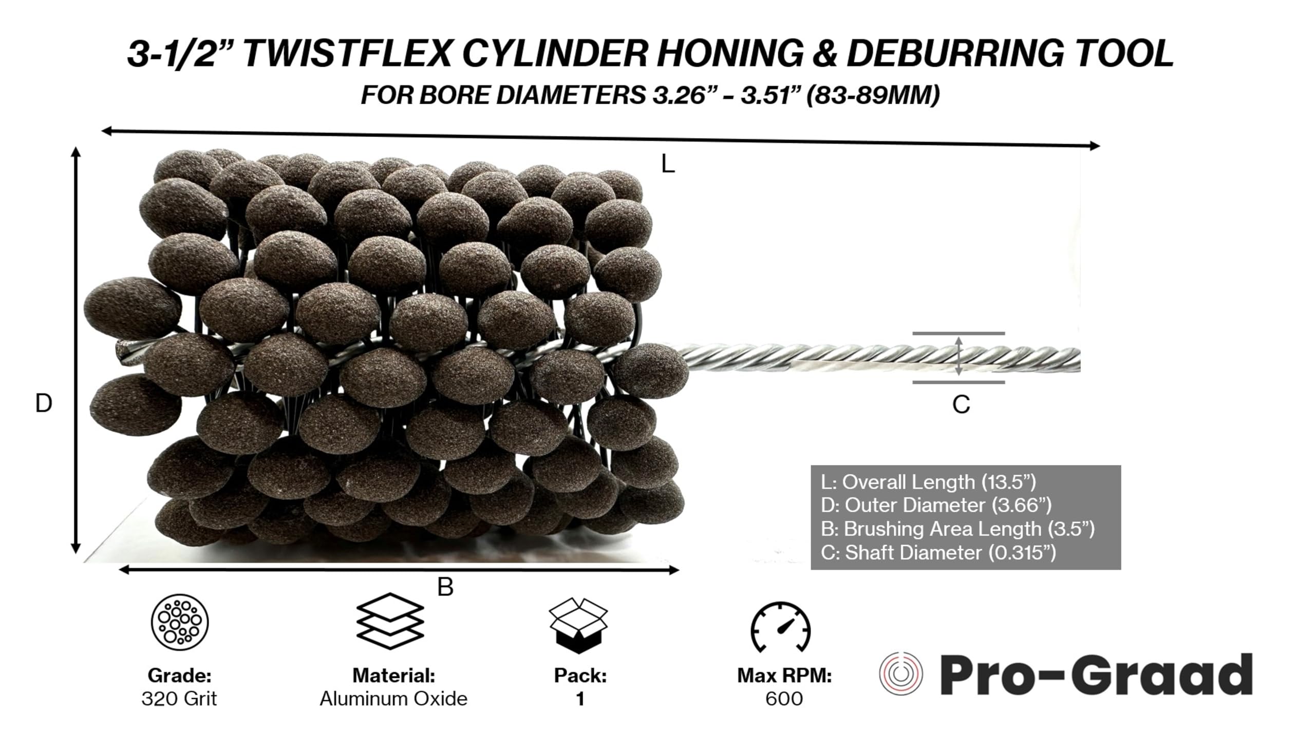 3-1/2" 320 Aluminum Oxide TwistFlex Cylinder Hone for 3.26"- 3.51" Bores