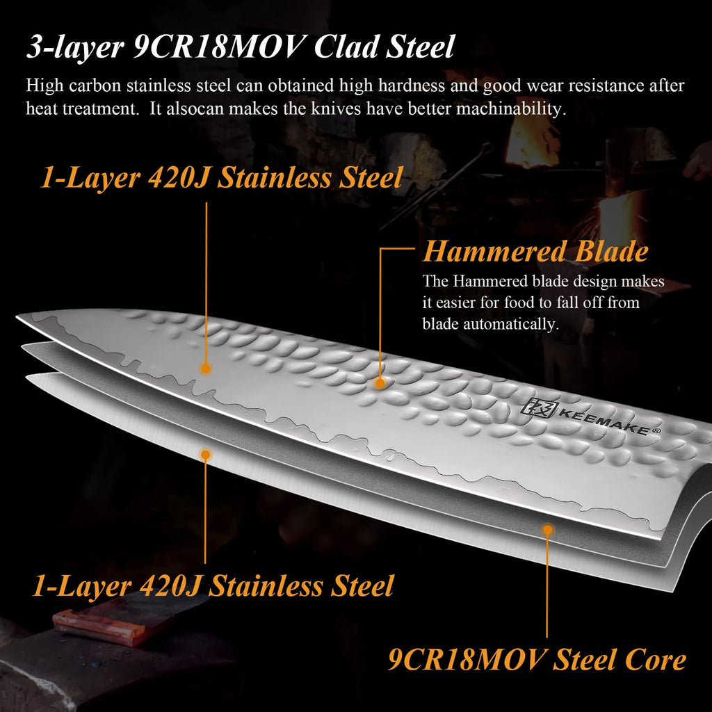 KEEMAKE Kitchen Knife Set 3-pcs - Chef Knife Set with 3-layer Japanese 9CR18MOV Clad Steel Blade, Sharp Knives Set for Kitchen with Octagon Rosewood Handle Kitchen Knives