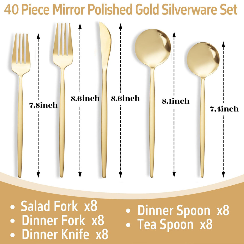 NOCCUR 40-Piece Gold Silverware Set for 8 - Stainless Steel Gold Flatware Set Include Knives, Spoons and Forks for Home/Party/Thanksgiving
