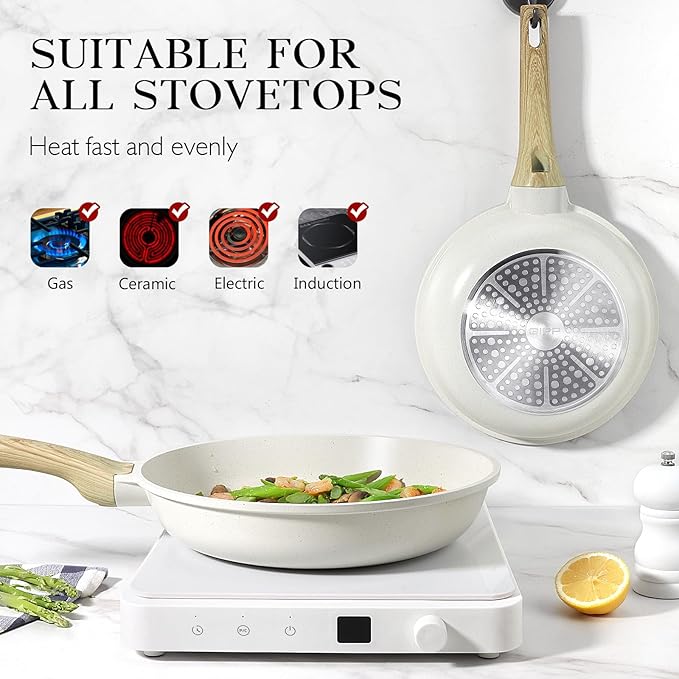 GiPP Non Stick Frying Pan Set - 8" 9.5" 11" Granite Nonstick Pan Skillet, Non Toxic Pans for Cooking, Omelette Pan with Stay Cool Handle, Induction Compatible, PFAS/PTFE/PFOA Free, White