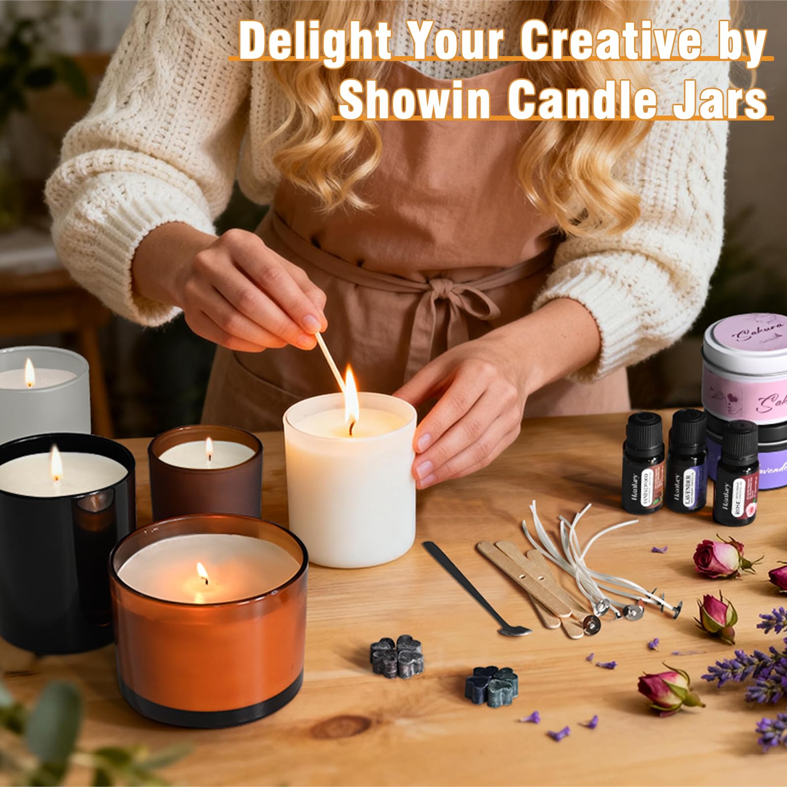 SHOWIN 10 OZ Thick Candle Jars for Making Candles 15 Pcs, Empty Jars with Wood Lids for Candle Making, Sample Container, Inner White