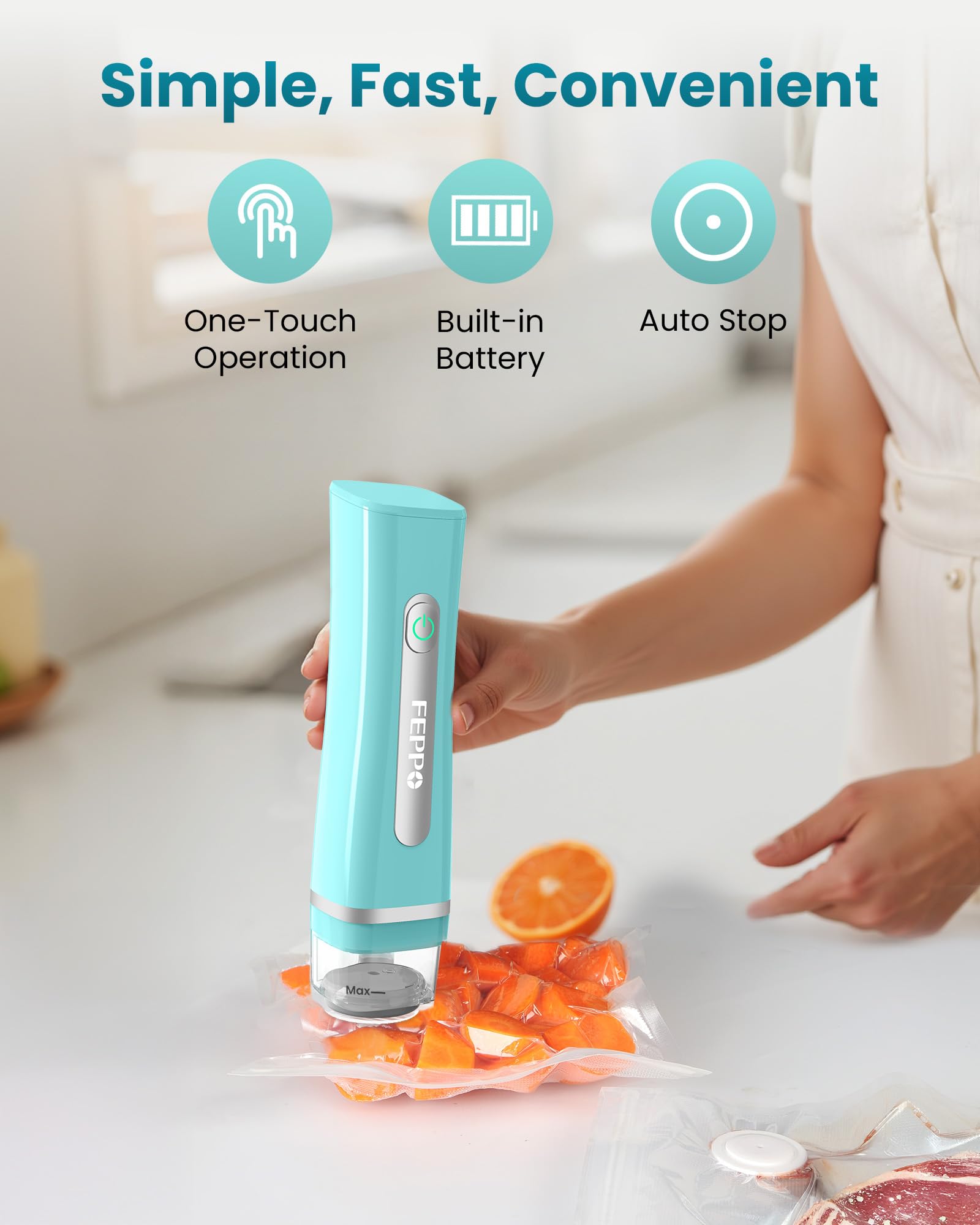 FEPPO Vacuum Sealer for Food with Visible Water Tank, Handheld Saver Compact Vacuum Sealer Machine with 30 Reusable Bags for 6X Preservation & Fresh, Teal