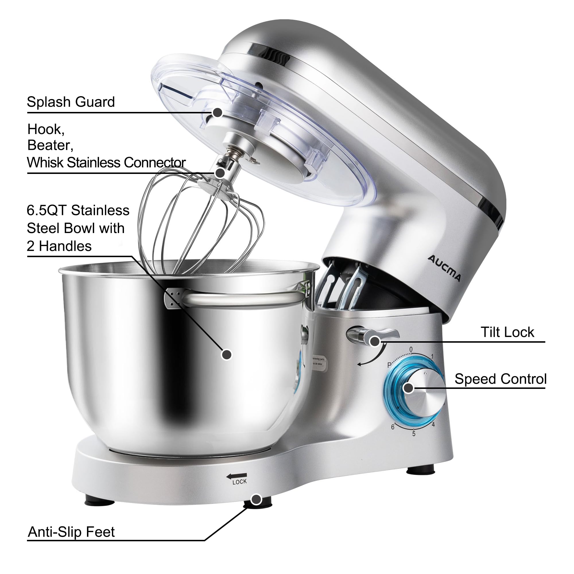 Aucma Stand Mixer,6.5-QT 660W 6-Speed Tilt-Head Food Mixer, Kitchen Electric Mixer with Dough Hook, Wire Whip & Beater (Silver, 6.5QT)