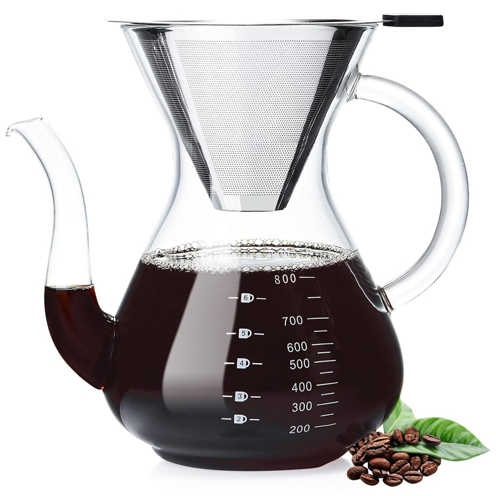 Unbreakable - Pour Over Coffee Maker with Double Stainless Filter 27 fl oz, Thickened Heat-Resistant Borosilicate Glass Pour Over Coffee Dripper, Stovetop Safe