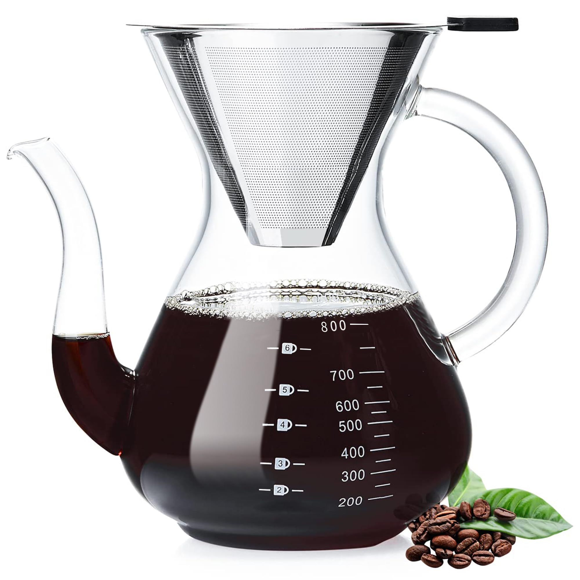 Unbreakable - Pour Over Coffee Maker with Double Stainless Filter 27 fl oz, Thickened Heat-Resistant Borosilicate Glass Pour Over Coffee Dripper, Stovetop Safe