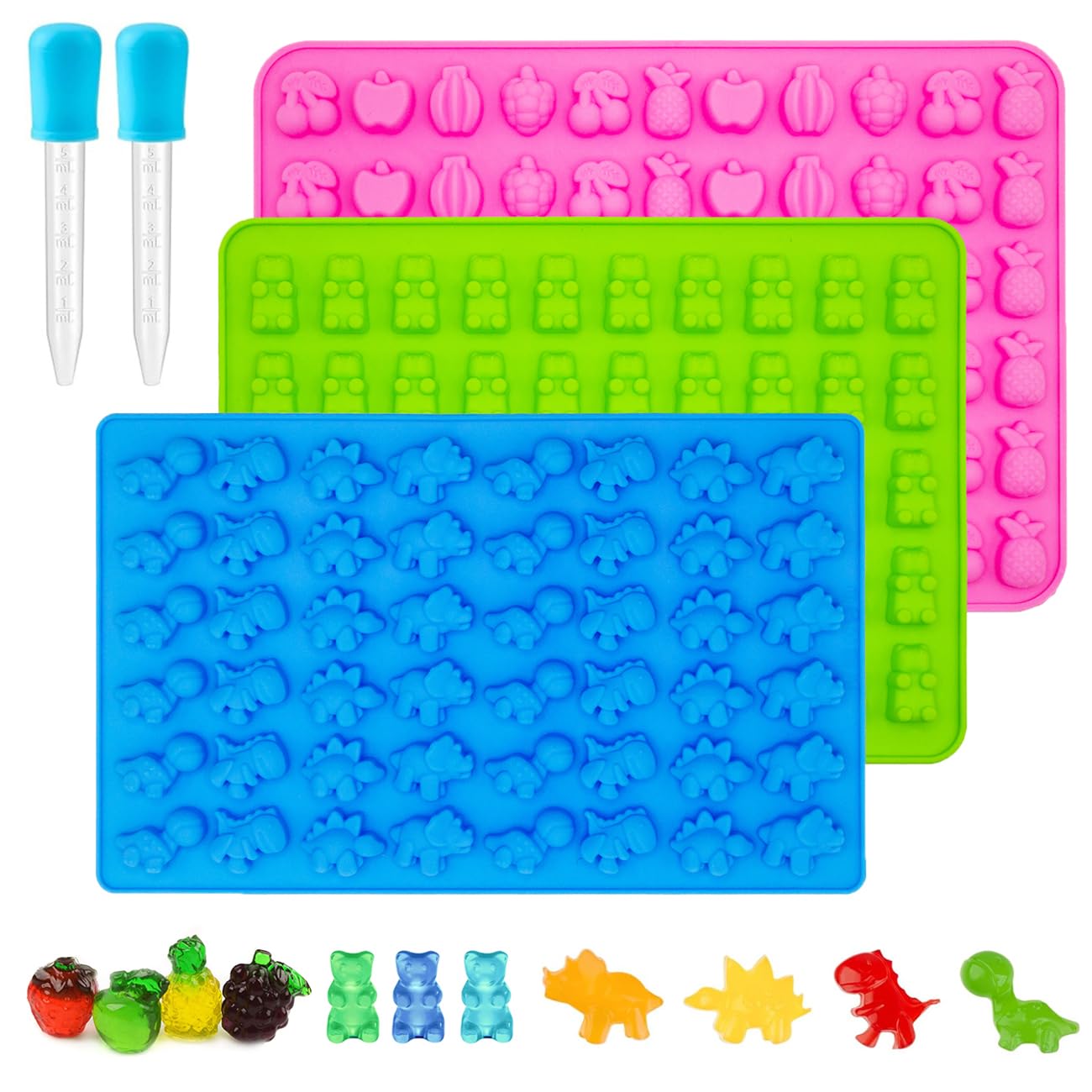 Gummy Candy Molds - Silicone Mini Gummy Bear/Dinosaur/Fruit Snack Molds with 2pcs Dropper,Non-stick and Bpa Free for Candy Chocolate Gummies Baking