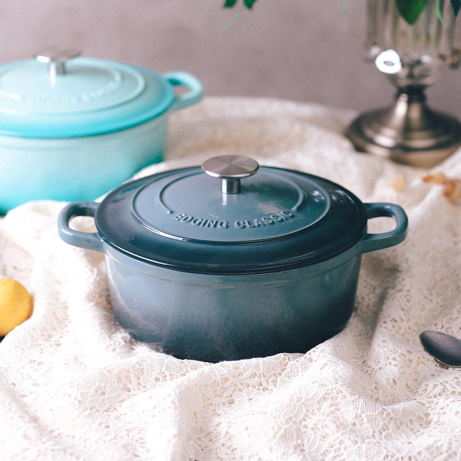 EDGING CASTING Enameled Cast Iron Covered 5.5 Quart Dutch Oven with Dual Handle, Slateblue