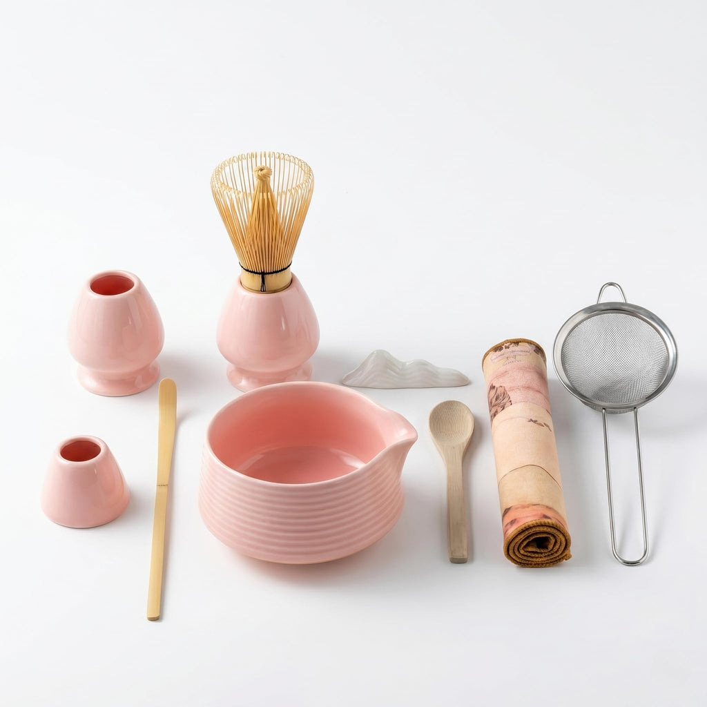8-Piece Traditional Matcha Tea Set with Spouted Ceramic Bowl, Bamboo Whisk and Holder, Complete Japanese Matcha Kit for Home Latte Preparation, Includes Sifter and Scoop Rest, Premium Gift Box(pink)