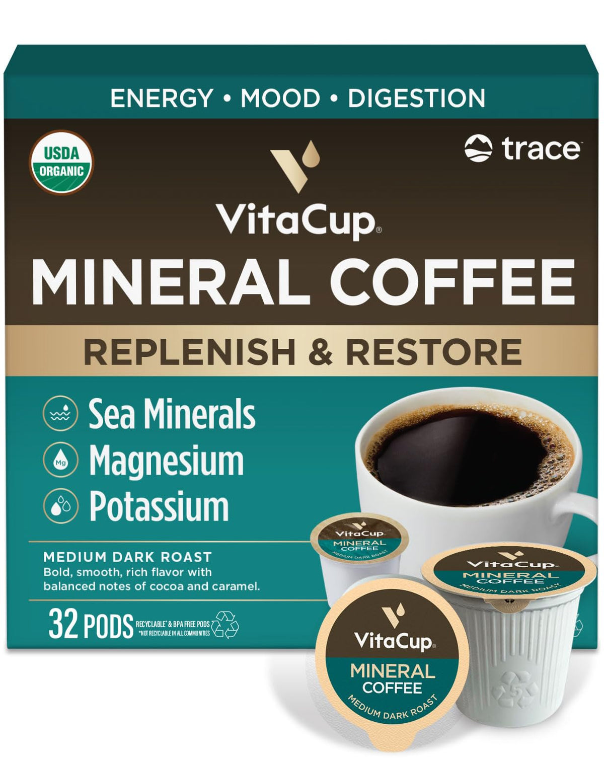 VitaCup Mushroom Coffee Pods, with Lions Mane for Memory & Clarity, 16ct