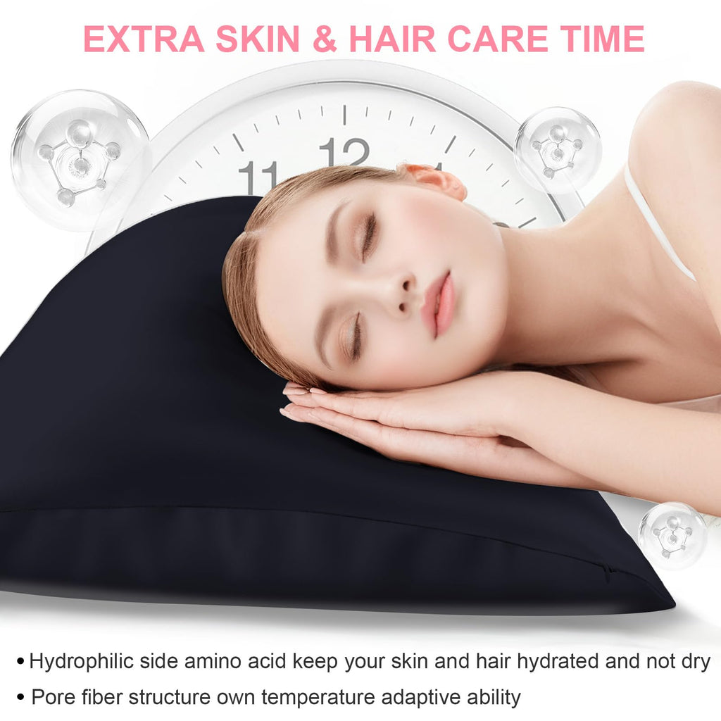 LYSHIN Silk Pillow Cases Standard Size with Hidden Zipper, Navy Blue