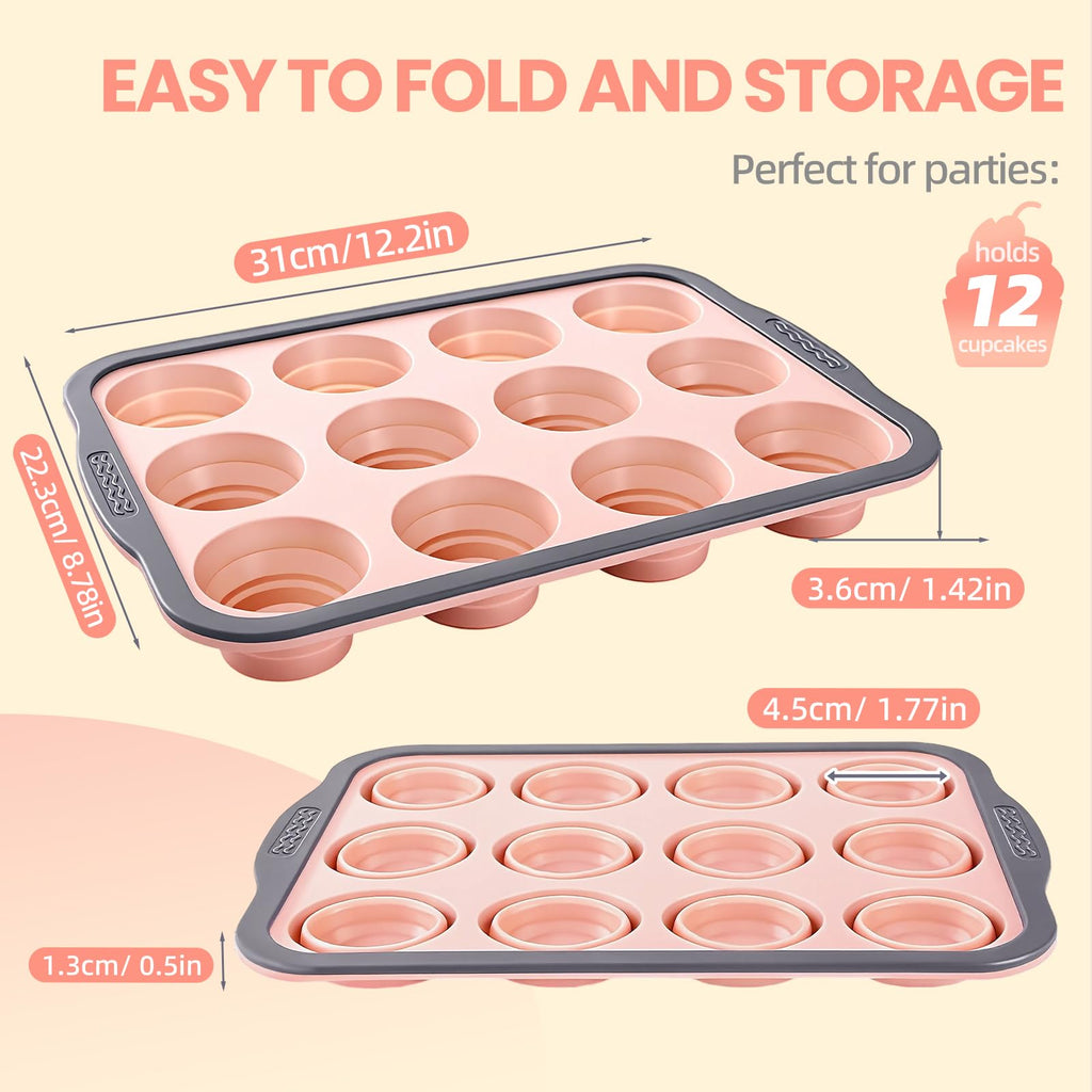 BHNJUTM 12-Cup Silicone Muffin Pan for Baking - Premium Nonstick Muffin Tin with Metal Reinforced Frame, Easy to Clean Silicone Cupcake Molds, Dishwasher & Oven Safe BPA Free (one pink)