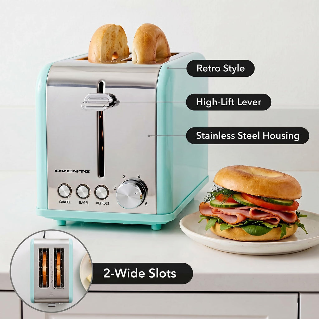 OVENTE 2-Slice Electric Toaster, 825W 6 Browning Setting, Turquoise TS2450T