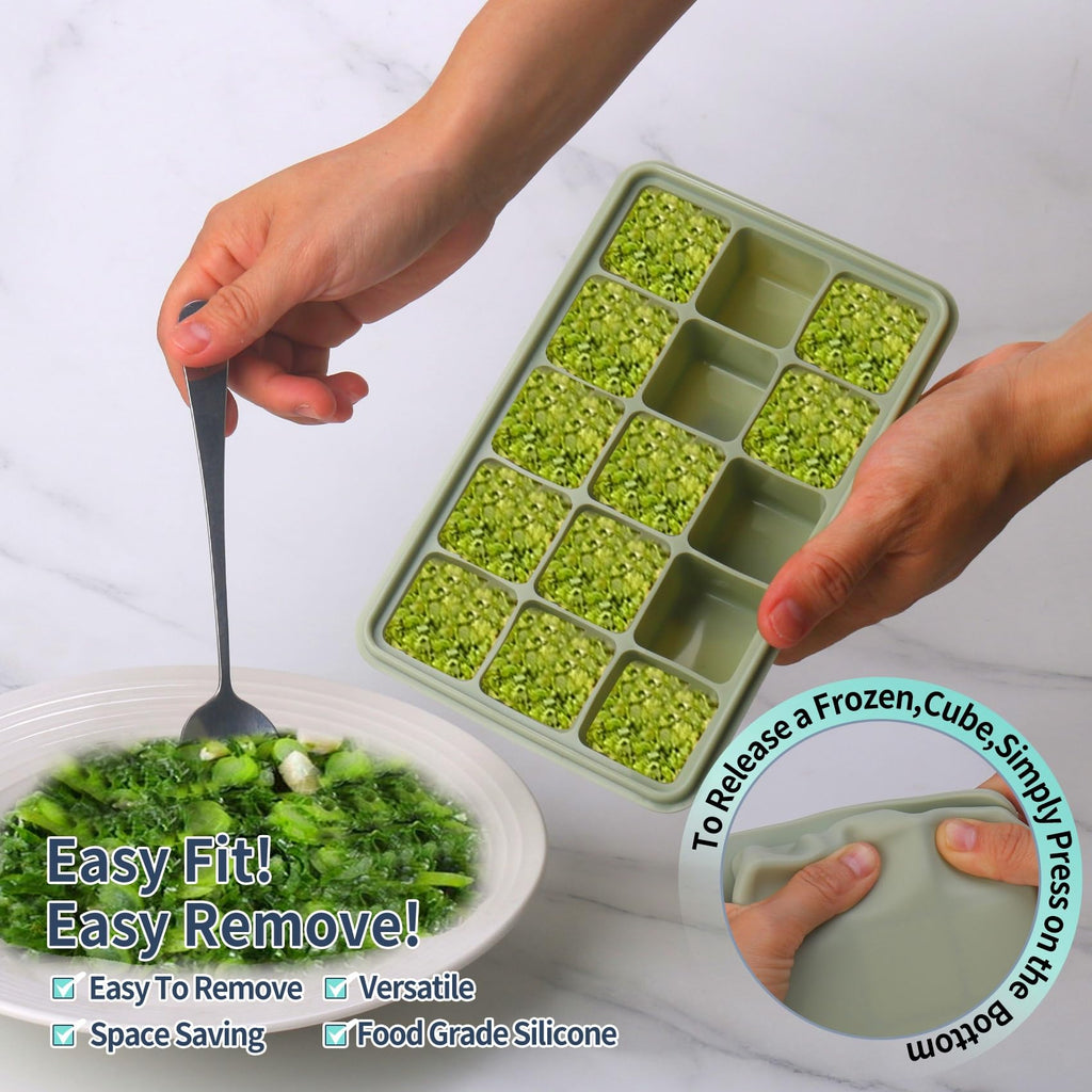 2 Tbsp Silicone Freezer Molds - Perfect for Storing Garlic, Herbs, Ginger, Pesto, Tomato Paste, Lemon Juice, Purees and More - Silicone Food Freezer Tray (Green 4 Pack)