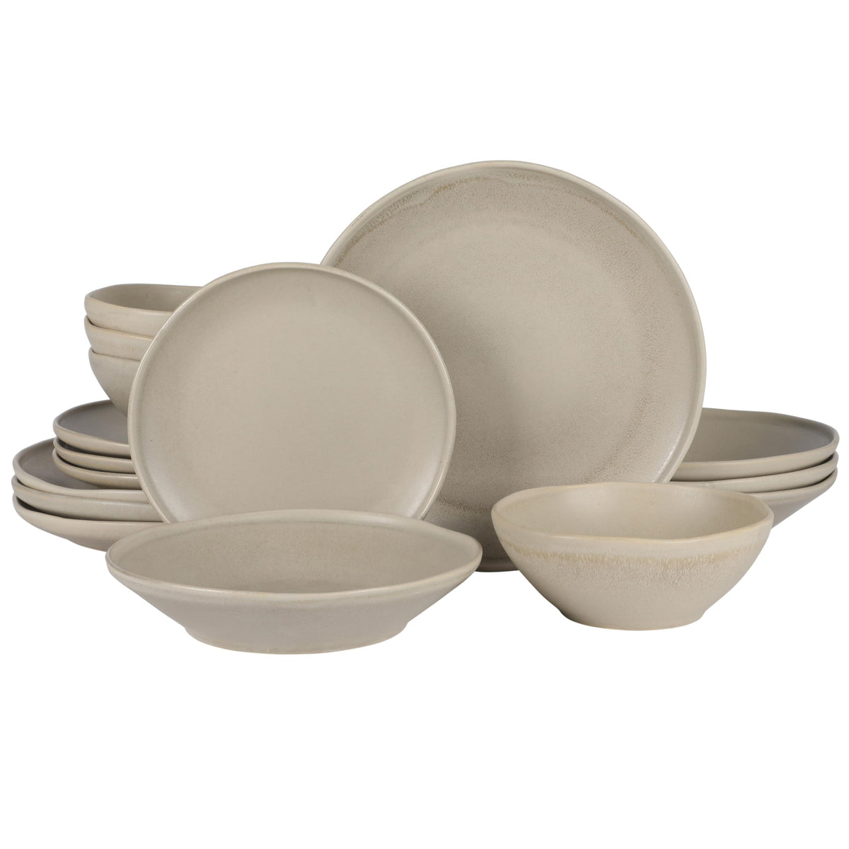 Gibson Elite Island Cove 16 Piece (Service for 4) Plates and Bowls Reactive Glaze Organic Round Dishes Stoneware Ceramic Dinnerware Set -Light Grey