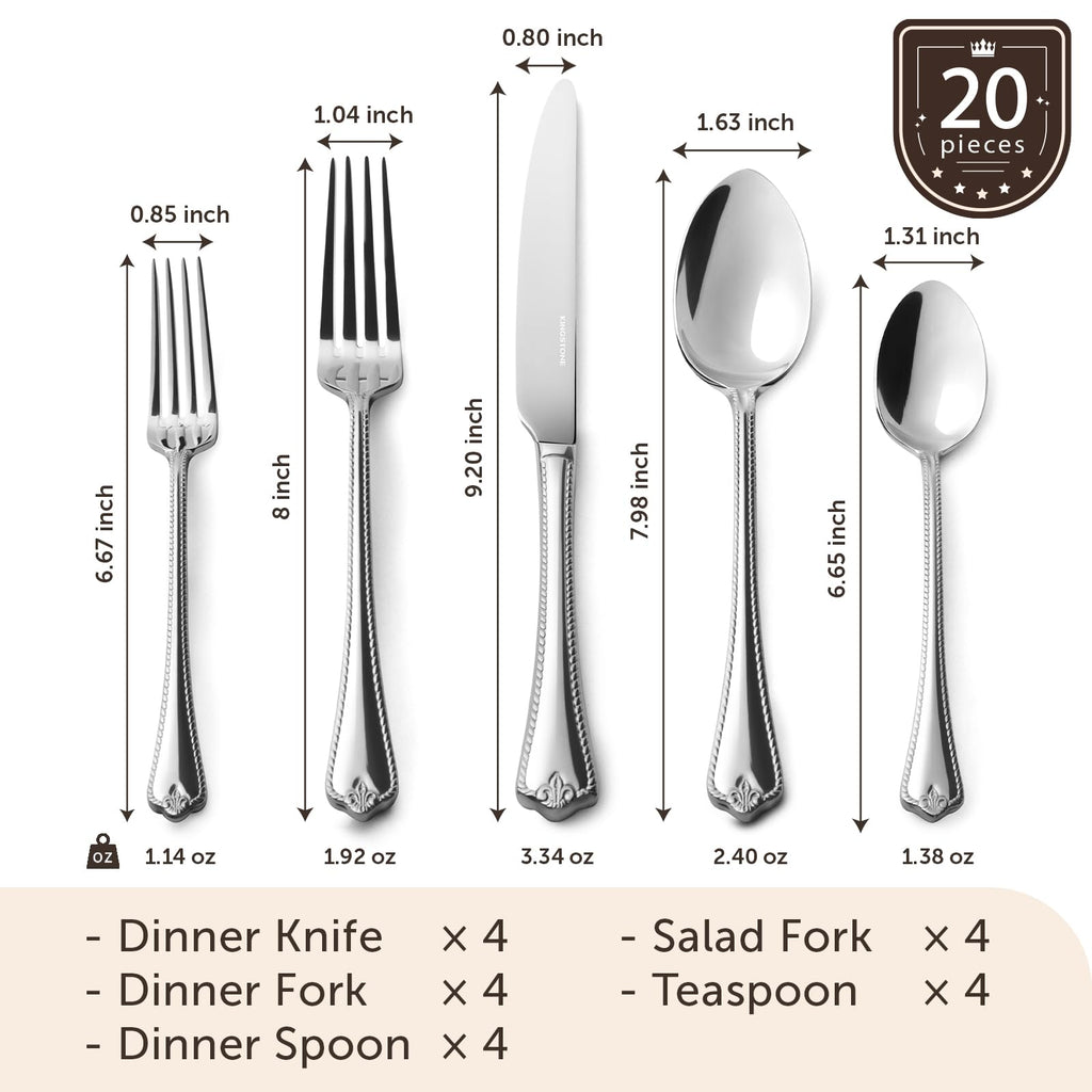 KINGSTONE 20-Piece Silverware Set, 18/10 Stainless Steel Flatware Set for 4