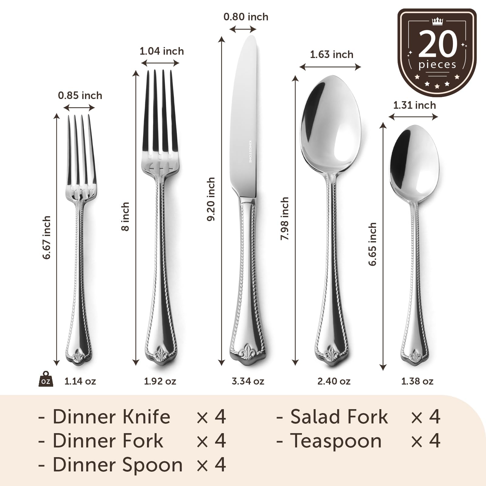 KINGSTONE 20-Piece Silverware Set, 18/10 Stainless Steel Flatware Set for 4